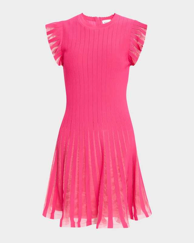 Sheer Flutter-Sleeve Knit Dress